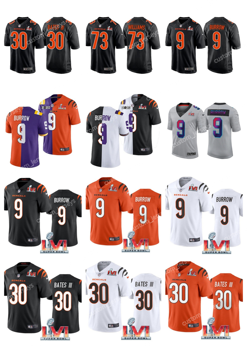 

Custom''Cincinnati''Bengals 9 Joe Burrow 30 Jessie Bates III 73 Jonah Williams' 2022 Super Bowl LVI Vapor Limited''NFL''Stitched Jersey, 11