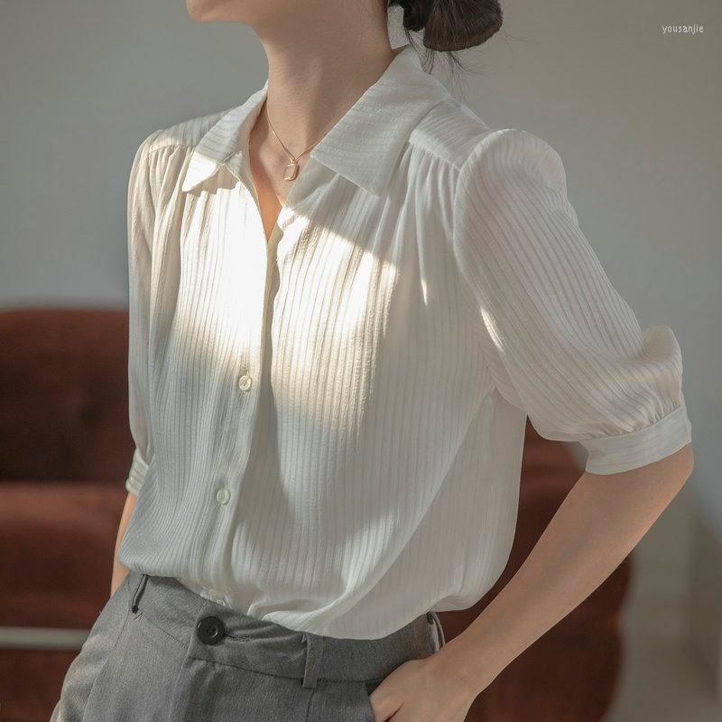 

Women' Blouses Film Sleeve Shirt In White Stripes Female Thin And Cultivate One' Morality Show Chic Coat Short Summer
