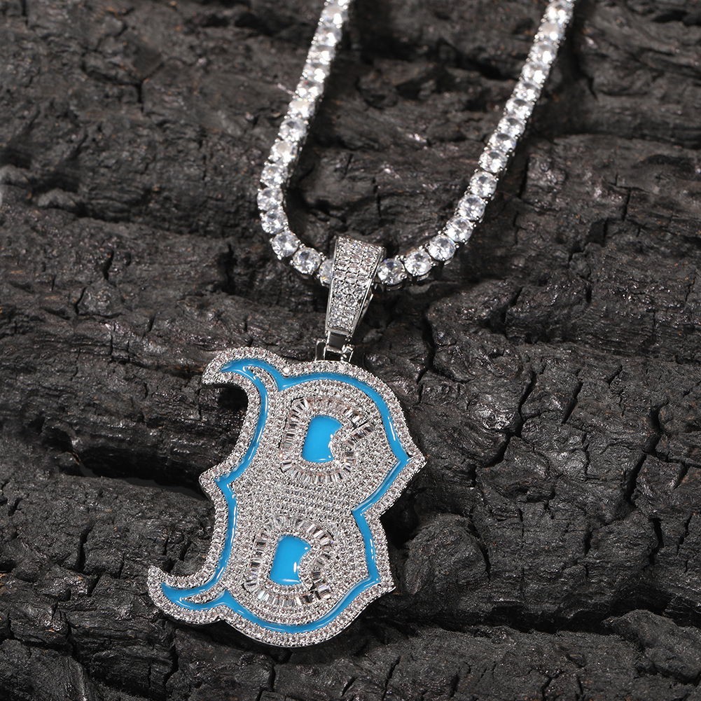 

Hip Hop Iced Out Letter B Pendant Necklace Noctilucent Silver Plated with Rope Chain for Men Women