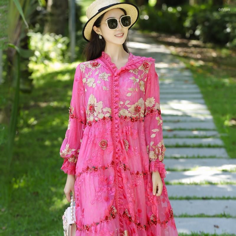 

Women's Trench Coats Autumn 2022 Rose Red Ladies Three-Dimensional Embroidery Hooded Long Sleeve Loose Mid-Length High-End Silk Coat One, Multi
