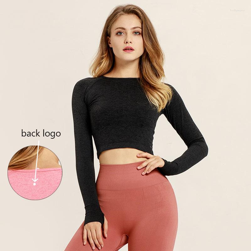 

Active Shirts Style Ladies Tight Yoga Top With Logo Sports Long Sleeve Stretch Sexy Trendy Navel Gym Running Training T-Shirt 4 Colors, Purple