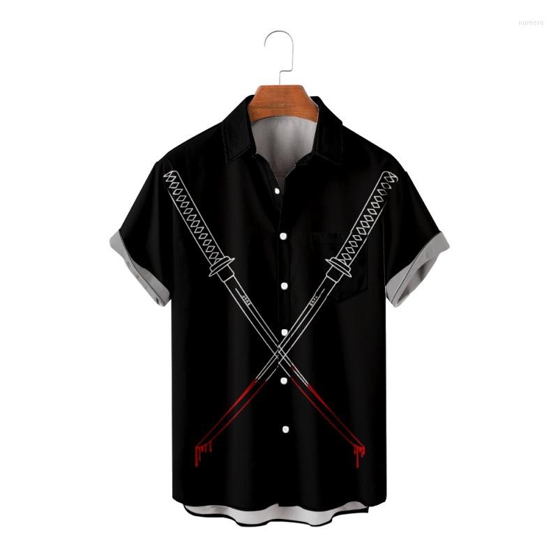 

Men's Casual Shirts Chinese Style Katana Print Short Sleeve Black Shirt Harajuku Streetwear Men Hawaiian Summer Hip Hop Button Up Beach
