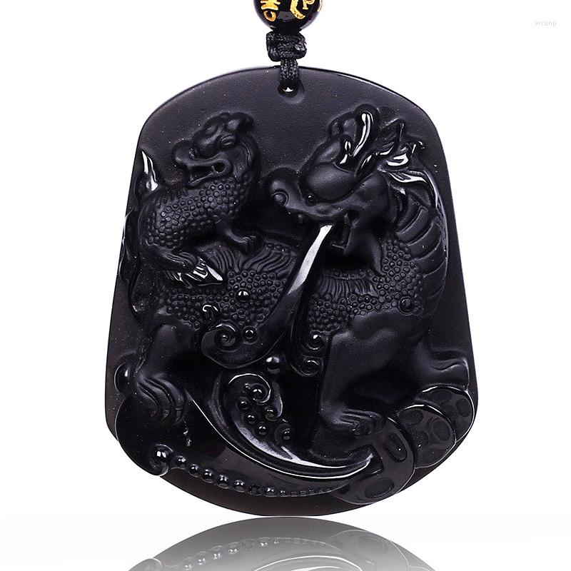 

Pendant Necklaces Natural Black Obsidian Sculpture Kirin Necklace Trendy Cute Jewelry Mother Child With Lucky Chain For Men Women