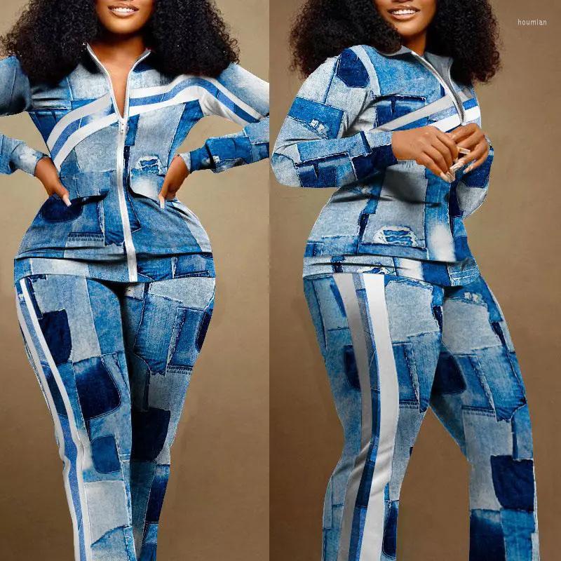 

Women' Two Piece Pants 2022 Women Long Sleeve Lapel Zipper Top And Suits Fashion Pattern Print Ladies 2-Piece Set Casual Sports Slim, 04 prints