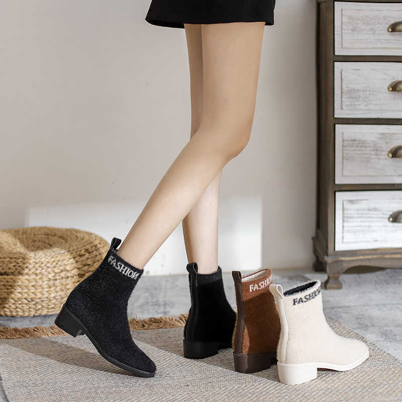 

botas Fashion Boots Women Sock Boots New Mink Hair Plush Elastic Thin Short Thick Heel Medium Princess Shoes winter, Black