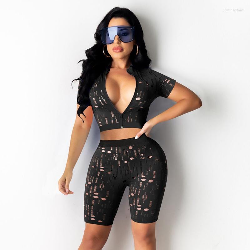 

Women' Tracksuits Summer Ripped Skinny Club Outfits For Women Festival Clothing 2 Piece Sets Womens Zipper V Neck Crop Top And Shorts, Black