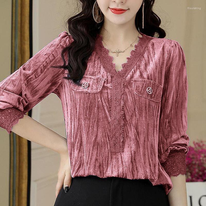 

Women' T Shirts Autumn Winter Lace V-Neck Solid Color Pullovers Women' Clothing Commute Fashion Elegant Hollow Out Spliced Long Sleeve, Black