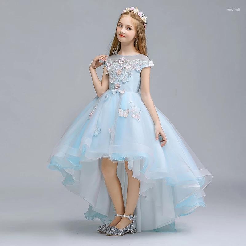 

Girl Dresses Flower For Weddings O Neck Short Sleeves Kids Party Communion Gown Appliques Pearls Princess Dress, Blue