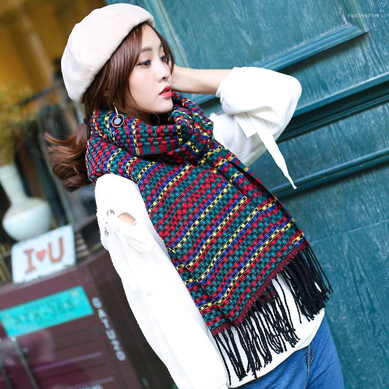 

Scarves Mingjiebihuo Korean Autumn Winter Fashion Wool Scarf Women Girls Warm Temperament Fringed Couple Mixed Color Grid Shawl