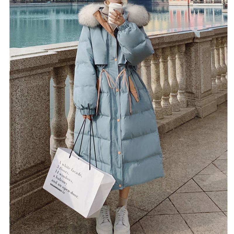 

Women's Down Winter Jacket Women Korean Loose Over Knee Long Coat Waist Drawstring Artificial Fur Hooded Internet Celebrity Warm Parkas, Black