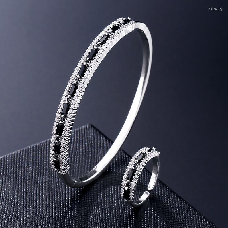 

Necklace Earrings Set RAKOL High Quality Black White Cubic Zirconia Rings Bracelet Adjustable Ring Open Geometry Jewelry For, Picture shown