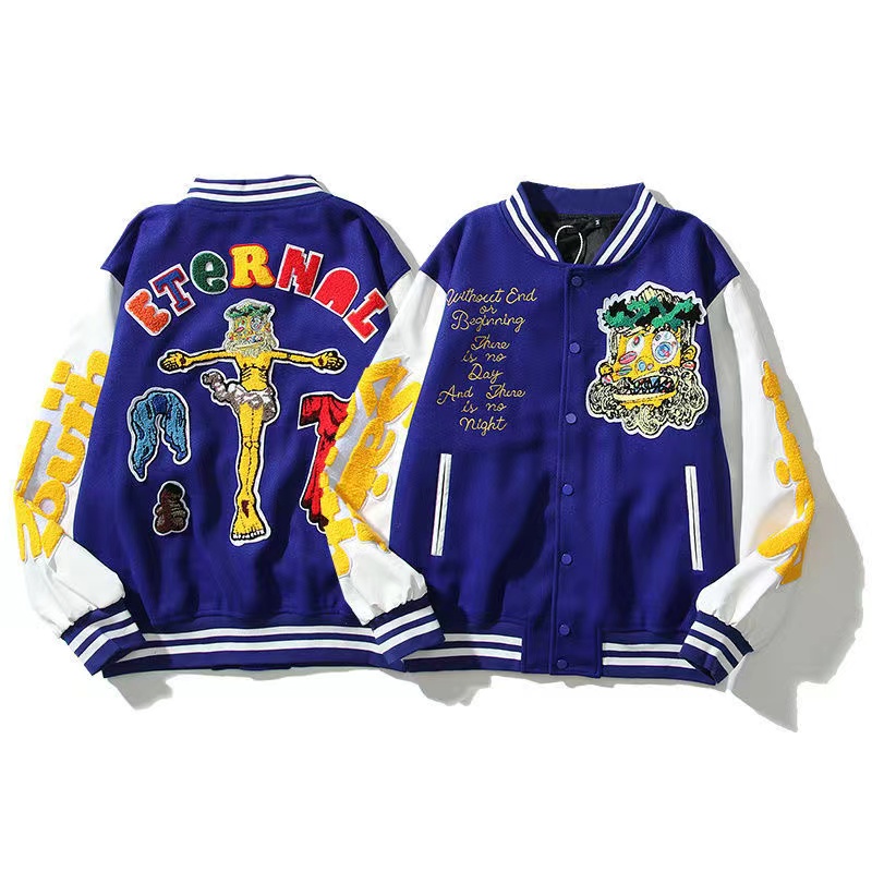 

Letterman's Designer Jackets Saint God Embriodery Clowns PU Sleeve Baseball Collar Streetwear Stitched Hip Hop Varsity Outerwear Women Tops Bomber Coat OOTW, Blue
