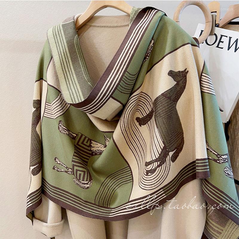 

Scarves Winter Luxury Design Women's Scarf Cashmere Soft Double Sided Horse Print Warm Shawl Gift