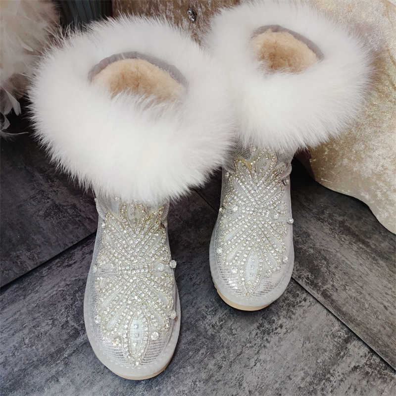 

ugglies boots DIY Silver mid-tube fox fur rhinestone leather snow boots handmade with drill cotton shoes to keep warm large size -44 L7HO, No shoes