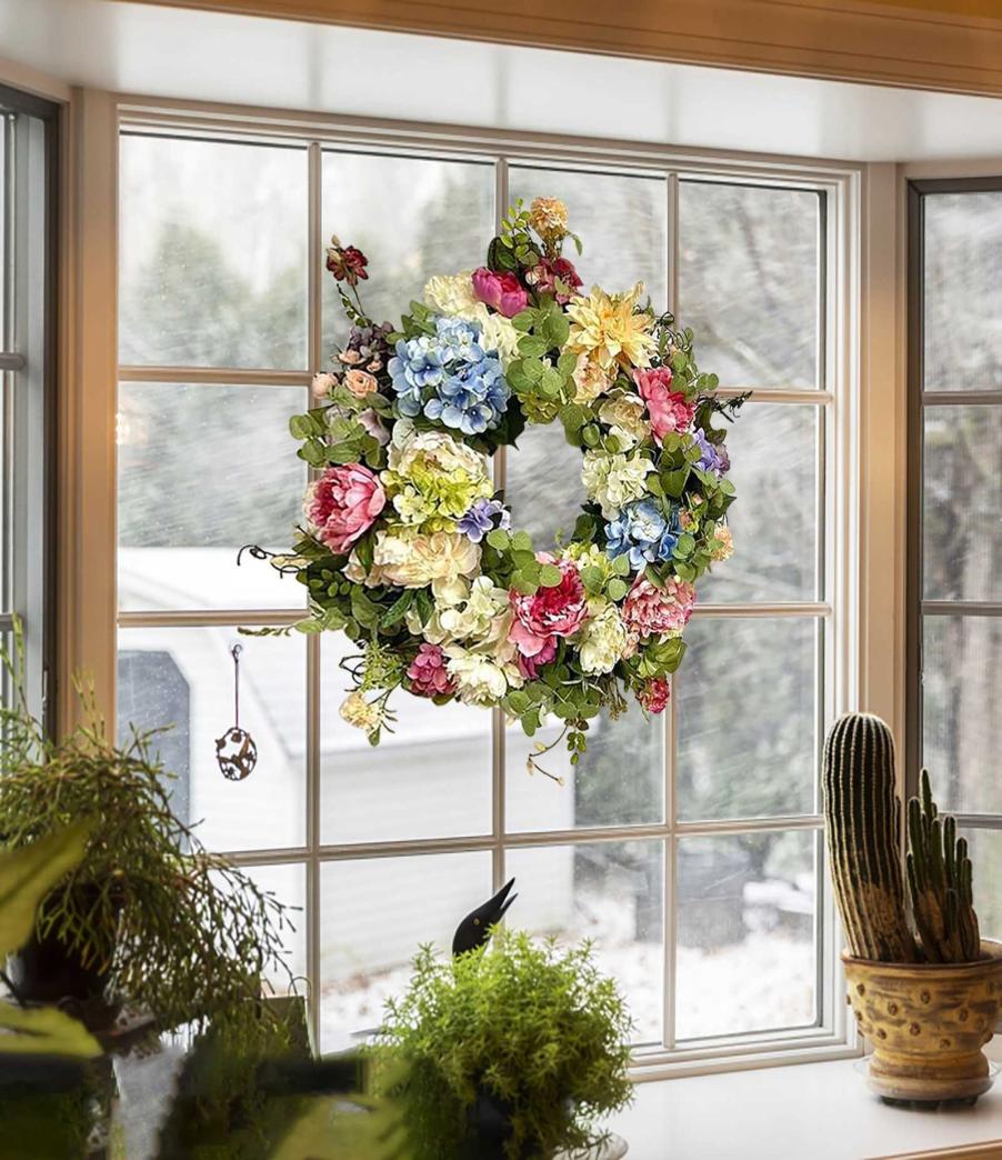 

15 Inch Artificial Garlands Front Door Wreaths Artificial Rainbow Hydrangea Hanging Wreath For Home Indoor Outdoor Window Wall Q085871800, Multi