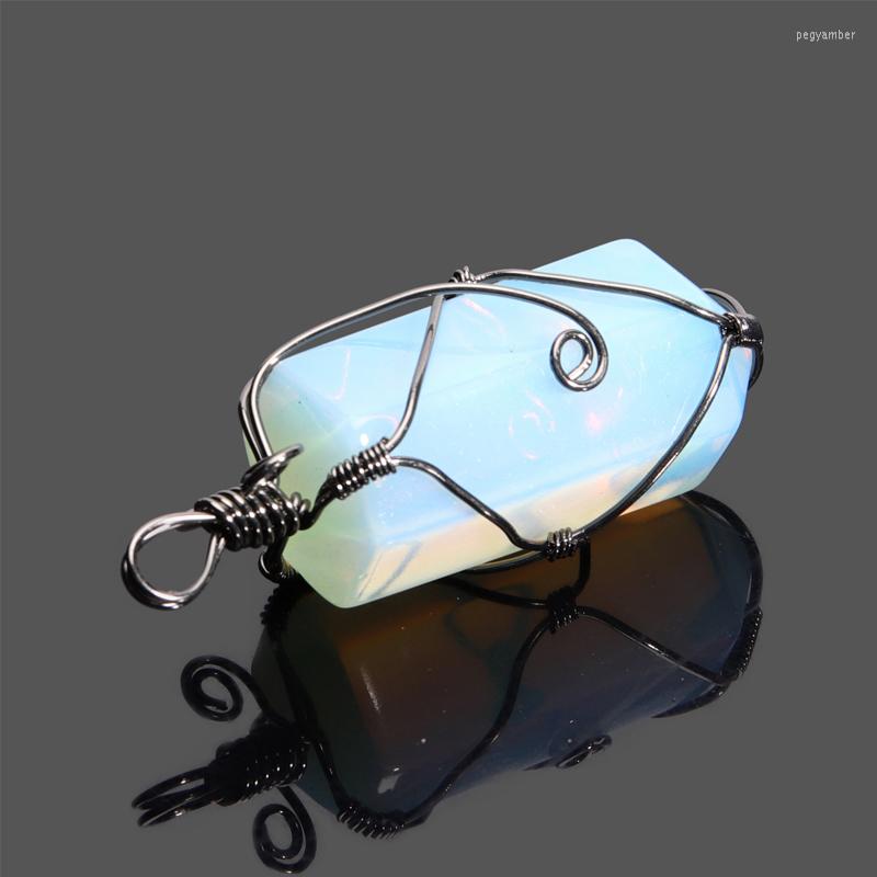 

Pendant Necklaces Wire Wrap Natural Stone Big Healing Crystal Pillar Hexagonal Pointed Charm Tigereye Opal Pink Quartz Pendants