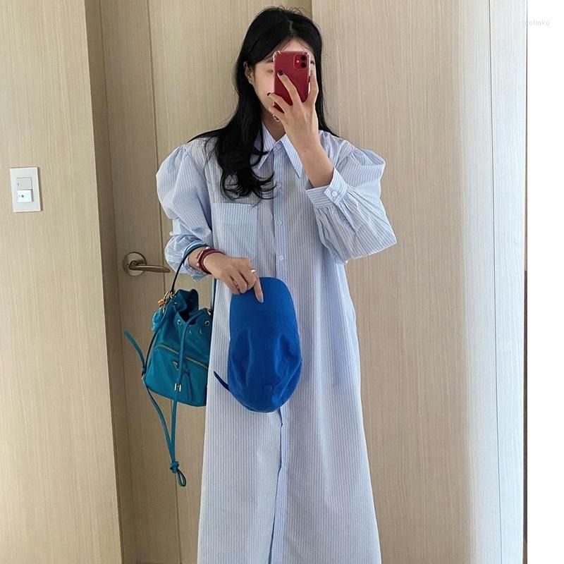 

Casual Dresses 2022 Spring Autum Causal Turn Down Collar Lantern Sleeve Single Breasted Striped Shirt Long Dress For Women Fashion, Blue