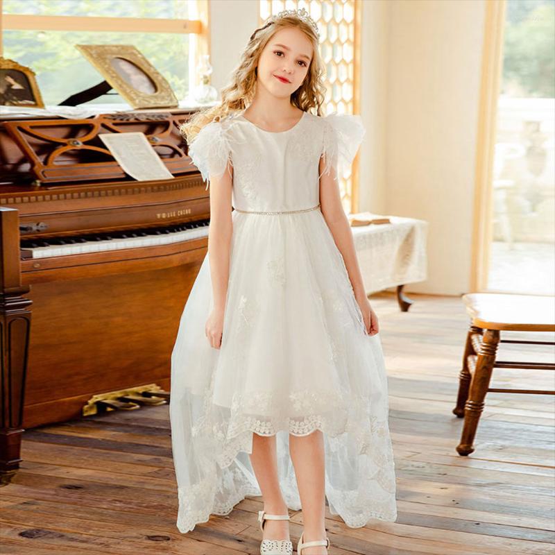 

Girl Dresses Flower For Weddings Princess Lace Feather With Bow Hi-Lo Holy First Communion Long Gowns Party Prom Pageant Dress, Black
