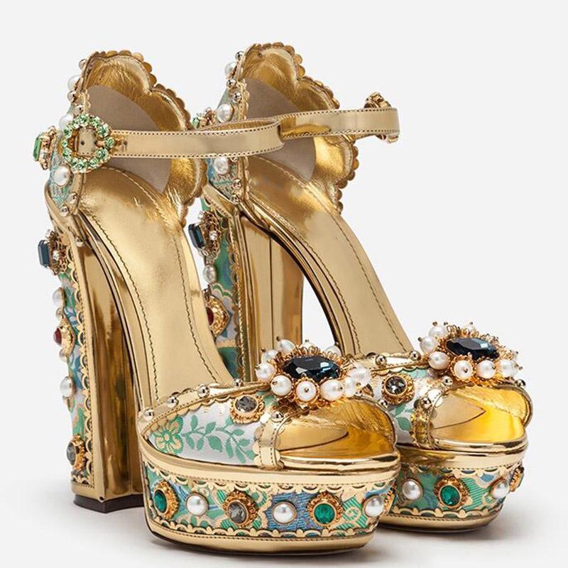 

Sandals High Chunky Heels Shoes Gems Pearls Platform Crystal Woman Extremely Buckle Strap Embroidery, As picture