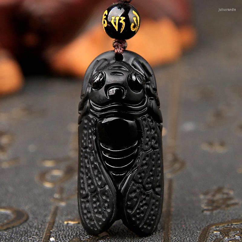 

Pendant Necklaces Natural Black Obsidian Animal Carved Cicada Blockbuster Lucky Necklace Fashion Jewelry Party Gift Charm Chain