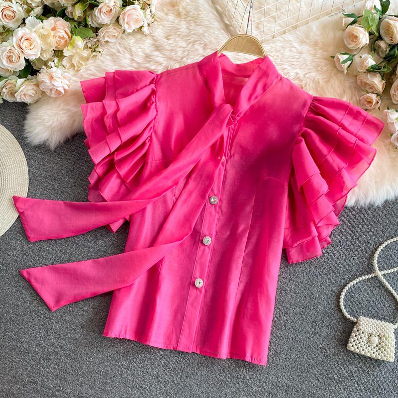 

Women's Blouses 2022 Summer Women's Shirt Fashion Bows Leading Wooden Ear Thin Foreign Vintage Retro Casual, Green