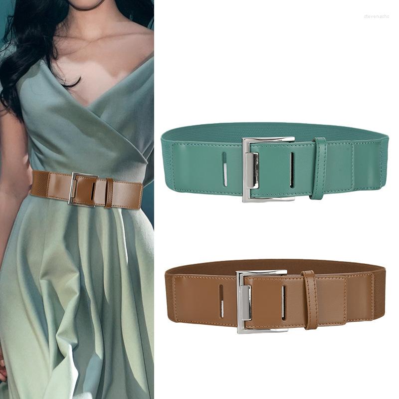 

Belts For Women PU Leather Wide Belt Simple Waist Elastic Ladies Band Square Buckle Decoration Coat Sweater Fashion Dress, Black