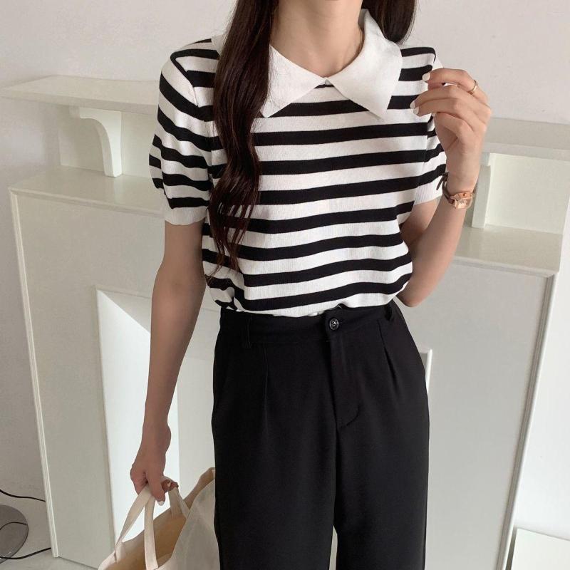 

Women's Sweaters Korean Striped Knitted Knitwear Tops Women Summer Short Sleeve Turn-down Collar Pullover Sweater Casual Fashion Female, Black