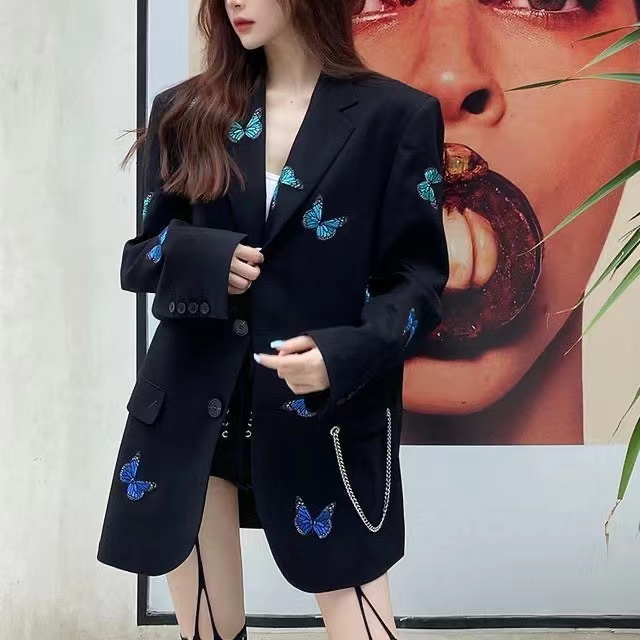 

fashion women suit designer clothes blazer butterfly embroidery spring new released tops E141, Black