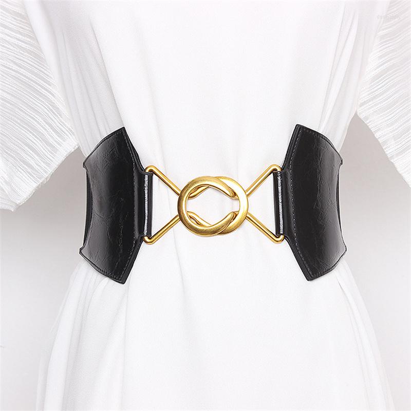 

Belts Women's Belt Wide Dress Waist Closing Fashionable Versatile Elastic Double Loop Buckle Brown Seal Pu Leather, Black