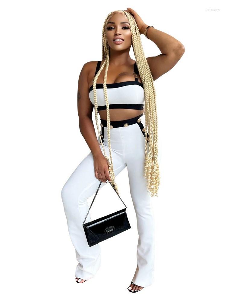 

Women' Two Piece Pants 2 Pant Sets Suits Women Tank Crop Tops High Waist Trousers Set Summer Fashion Patchwork Button Sexy Clubwear Outfits, Black