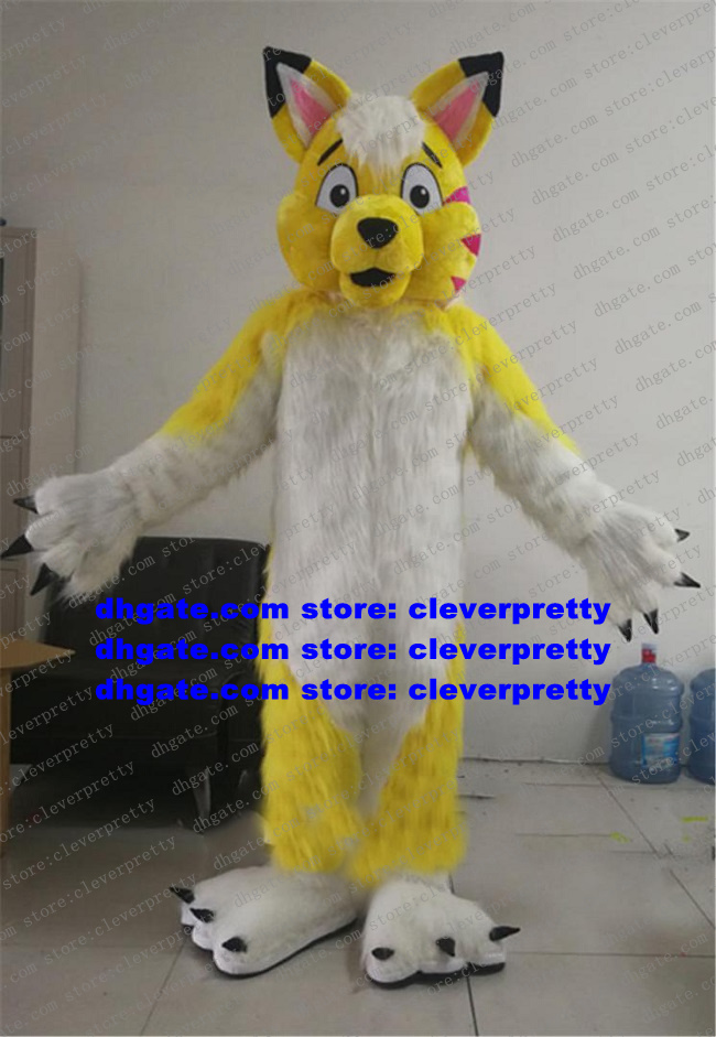 

Yellow White Long Fur Furry Wolf Mascot Costume Fox Husky Dog Fursuit Adult Cartoon Suit Public Welfare Talk Of The Town zx144, As in photos