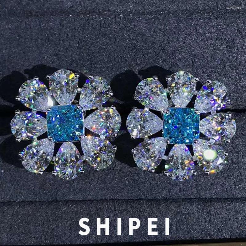 

Stud Earrings SHIPEI Luxury Solid 925 Sterling Silver VVS 3EX Flower 10CT Aquamarine Gemstone Ear For Womwn Wedding Fine Jewelry