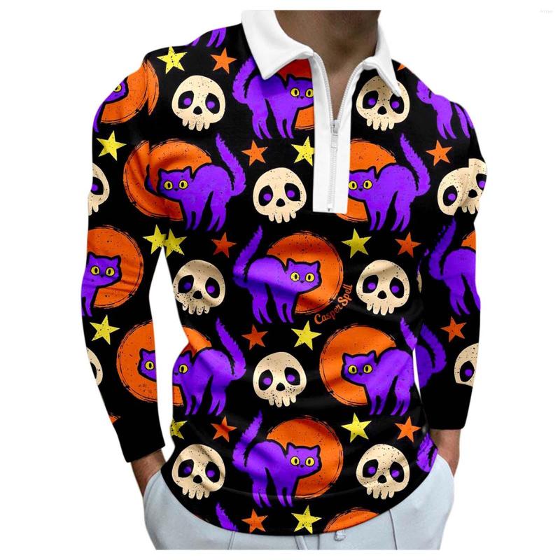 

Men's Casual Shirts Male Halloween Print Blouse Zipper Turn Down Collar Long Sleeve Tops Shirt, Black