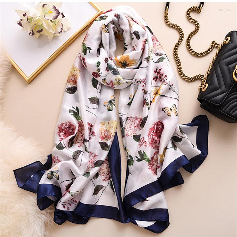 

Scarves 2022 Summer Women Fashion Quality Soft Silk Scarf Flower Print Female Shawls Holiday Beach Cover-ups Wraps