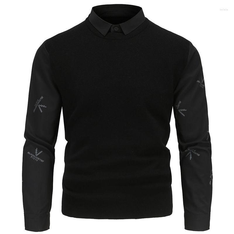 

Men's Sweaters Printing Long Sleeve Pullover Splicing Shirt Collar Contrast Color Spring Autumn Man Personality Knitting Sweater 21Q2137, White sleeve