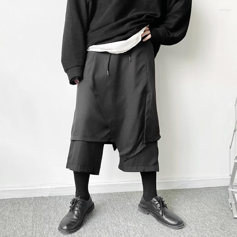 

Men' Pants Large Summer Asymmetric Irregular Stitching Design Low Crotch Harem Trendy Men' Japanese Fake Two Piece Capris, Black