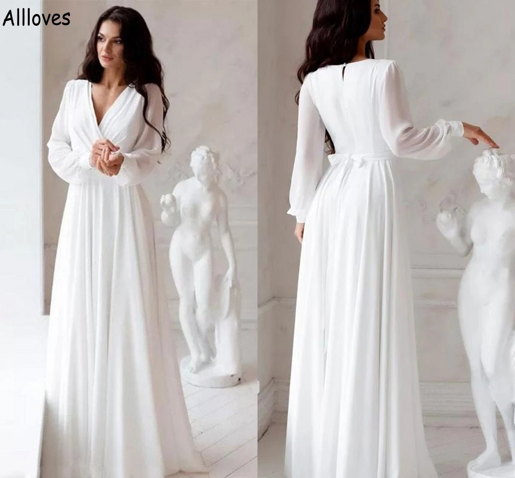 

V Neck Chiffon A Line Wedding Dresses With Long Sleeves Summer Beach Simple Boho Bridal Gowns For Bride Pleats Elegant Fashion Robes de Mariee Plus Size CL1418, Dark navy