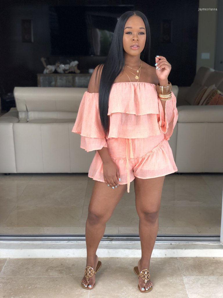 

Women' Tracksuits Women Summer Off Shoulder Cascading Ruffles Sleeve Blouses Top & Shorts Suit Two Piece Set Fashion Beach Tracksuit, Gray