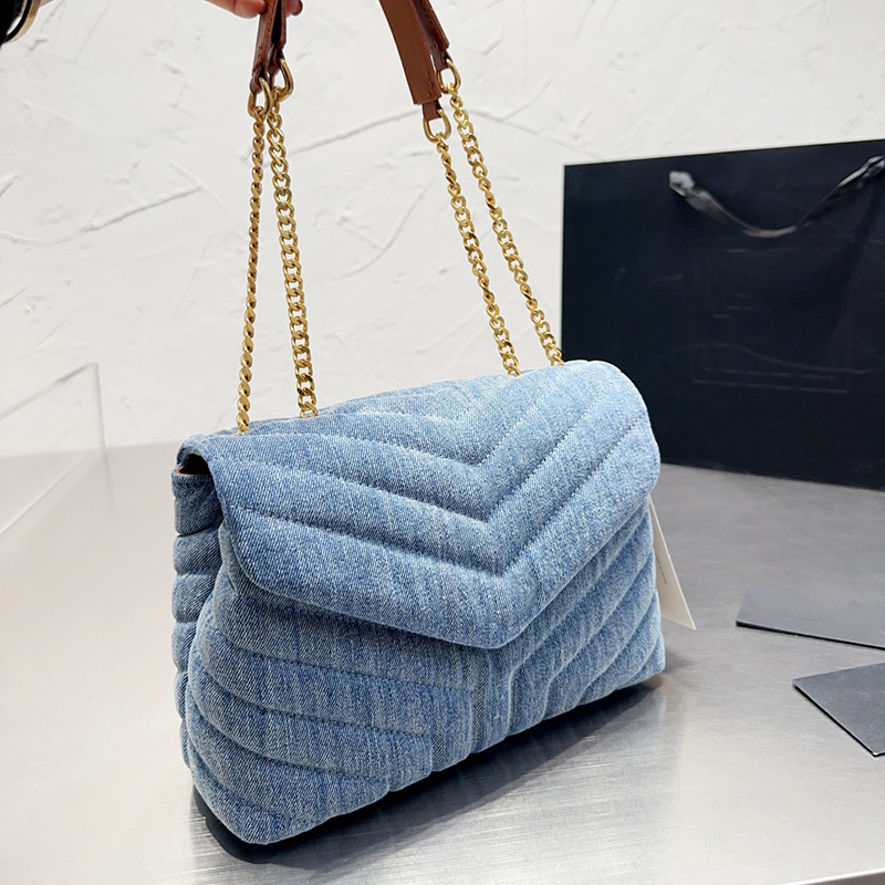 

Womens Designer Loulou Denim Blue Bags Classic Flap V-stitch Quilted Purse Multi Pochette Aged Gold Chain Strap Crossbdoy Shoulder Designer Handbags 25CM, Box