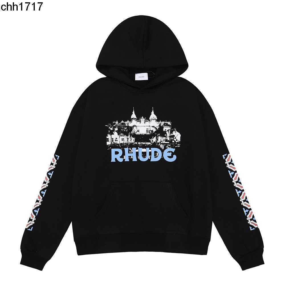 

Niche fashion rhudes casino HD Castle print high quality cotton terry Hoodie men and women, Black