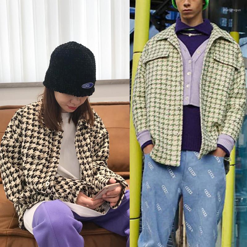 

Women's Blouses Spring Clothes Korea Style Houndstooth Unisex Jacket Tweed Loose Weaved Woolen Shirt Casual Women Coat, Green