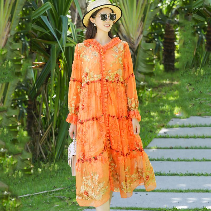 

Women's Trench Coats Spring And Autumn Vibrant Orange Ladies Retro Embroidery Hooded Petal Sleeve Loose Mid-Length High-End Silk Coat One