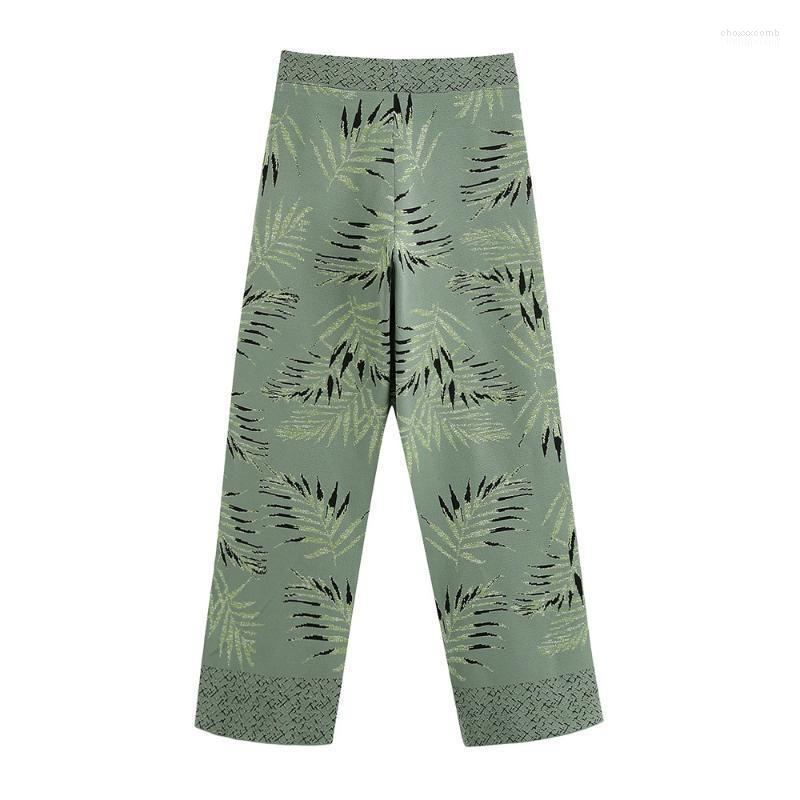 

Women' Pants Women' & Capris 2022 Summer Retro High Waist Knitted Elastic Metal Color Line Detail Decorative Printed Wide Leg, Green