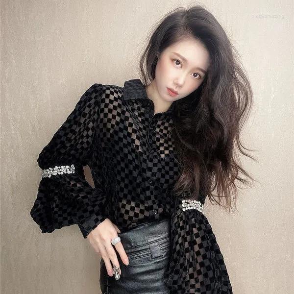 

Women's Blouses EWSFV 2022 Autumn Set Diamond Hollow-out Lantern Sleeve Velvet Shirt Women's Temperament Thin Sexy Small Button Up, Black