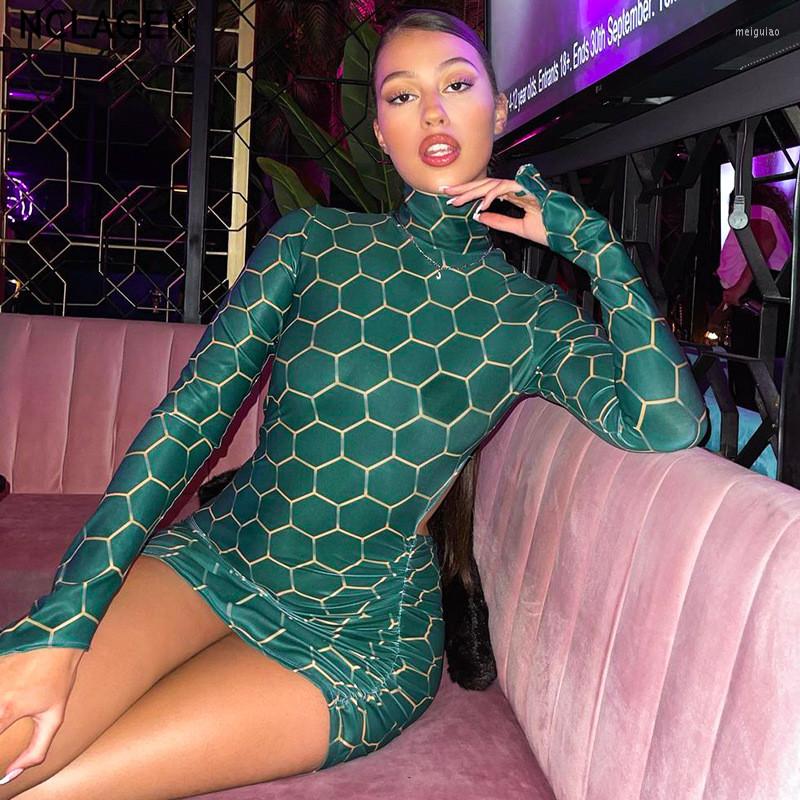 

Casual Dresses NCLAGEN 2022 Autumn Women Fashion Print Long Sleeve Dress Backless Metal Rings Side Shirring Party Asymmetrical Vestidos, Green
