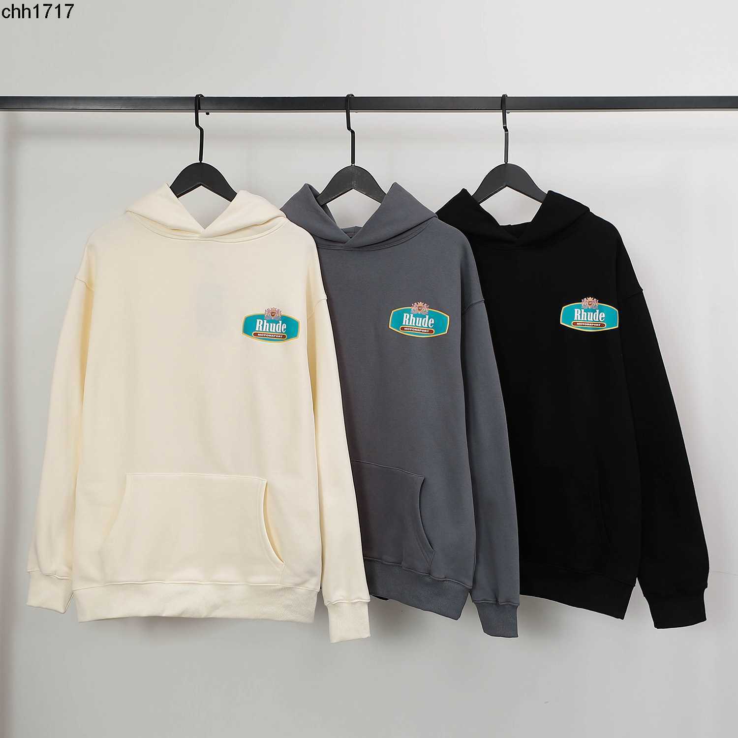 

Ins US Fashion RHUDES Racing Crest Alphabet Printing Plush Hoodie Sweatshirt for Men and Women, Black