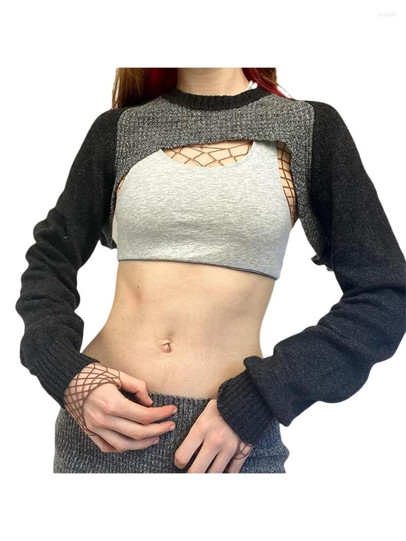 

Women' T Shirts Women  Y2k Crochet Top Loose Long Sleeve Colorful Striped Cutout Sweater Crop E-Girls Blouses Streetwear, K-gray