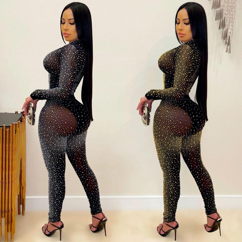 

Women' Two Piece Pants Crystal Set Black 2022 Spring See Through Rhinestone Studded Crop Top And Legging Party Club Wears