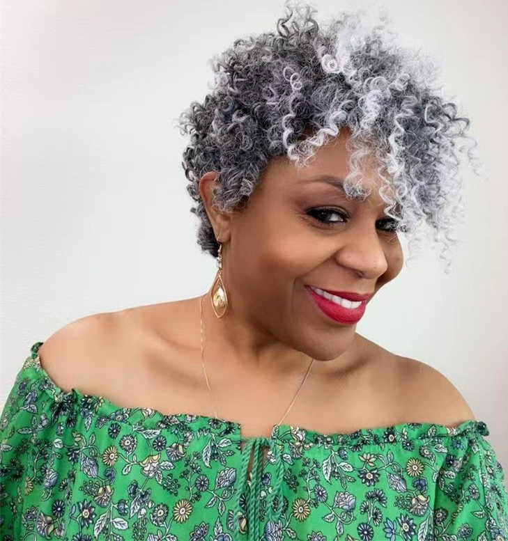 

Curly wave pixie silver grey ponytail bun afro kinky puff drawstring clip in gray hair extension women hairpiece 120g
