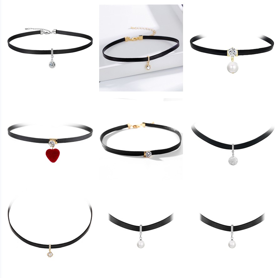 

Black Leather Choker Necklace for Women New Fashion Mix CZ Zircon Charms Necklaces
